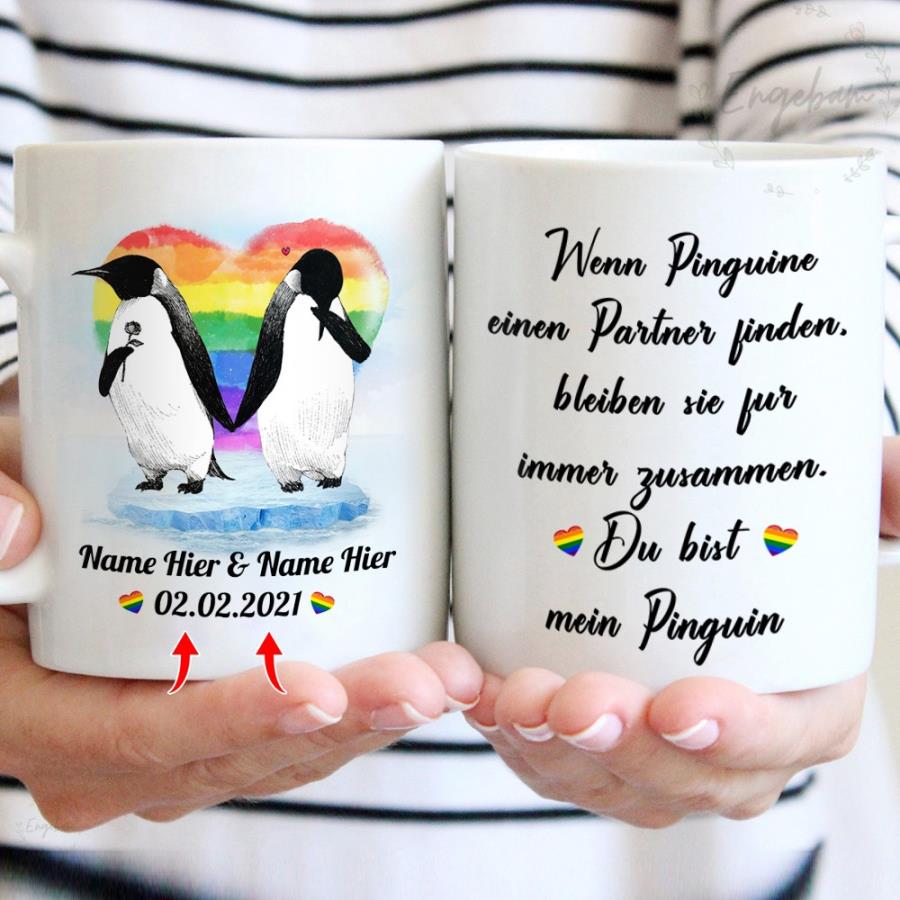 LGBT Pinguine heart einen partner finden custom name and date mug