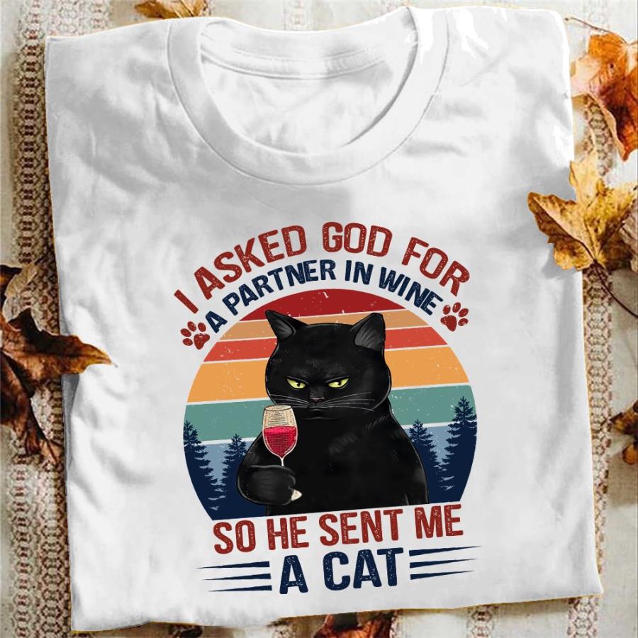 Black cat I asked god for a partner in wine so he sent mw vintage s unisex, hoodie, sweatshirt