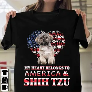 My heart belongs to america and shih tzu 4th of July shirt, independence day shirt, American flag shirt
