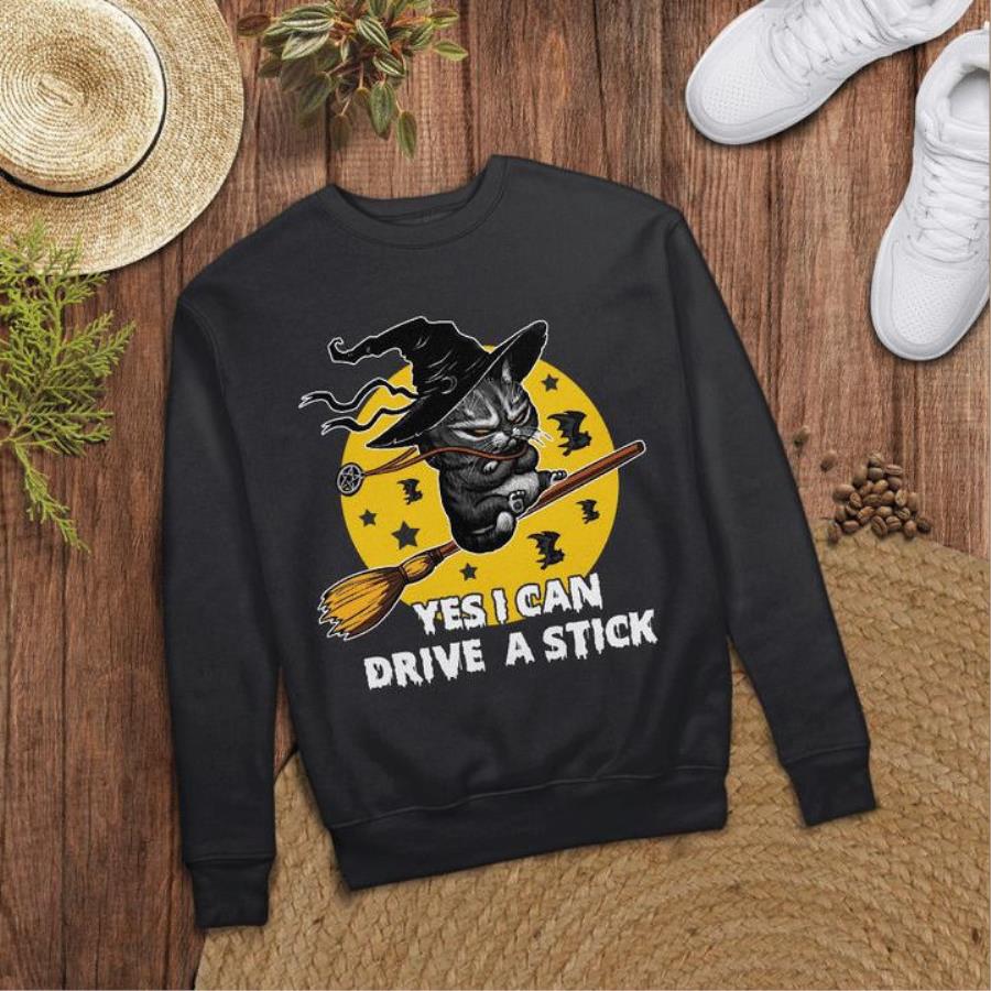 Black cat witch yes I can drive a stick shirt