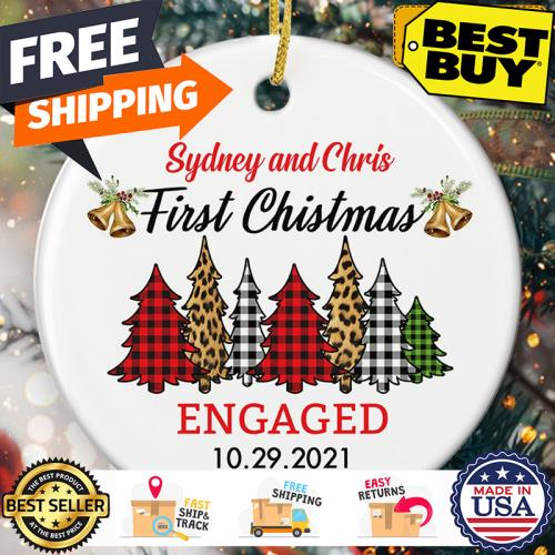 Buffalo plaid pine sydney and chris first christmas engaged 10 29 2021 ornament unisex, hoodie, sweatshirt