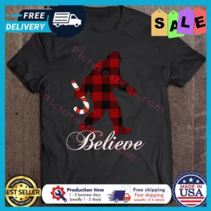 Awesome buffalo Plaid Bigfoot believe merry christmas shirt
