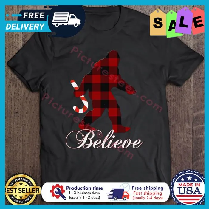 Awesome buffalo Plaid Bigfoot believe merry christmas shirt