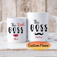 Custom Name The Real Boss Mugs, The Boss, His and Hers Gift, Coffee Lovers, Engagement Bride and Groom Christmas Gift