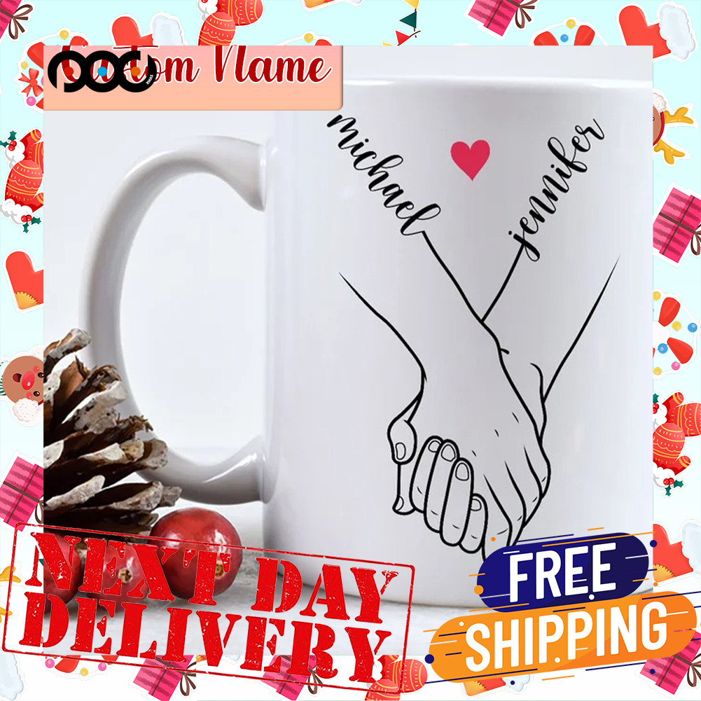 Personalized Couple Name Heart Hold Hand Valentines Day Mug