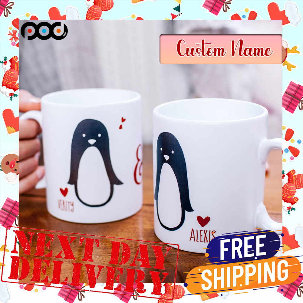 Penguin With Heart Custom Name Valentine Couple Mug
