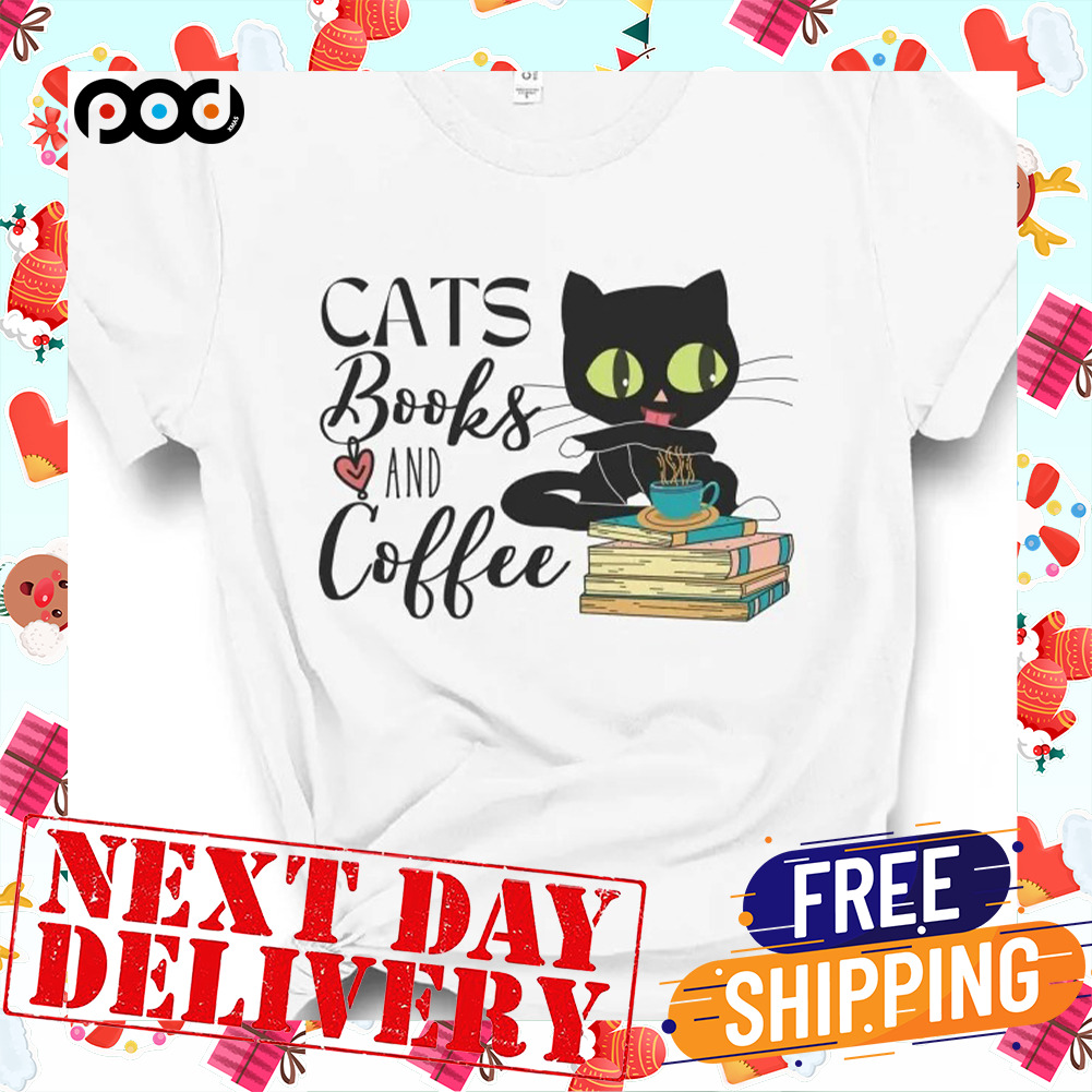 Cat Book And Coffee Cat Lover Shirt