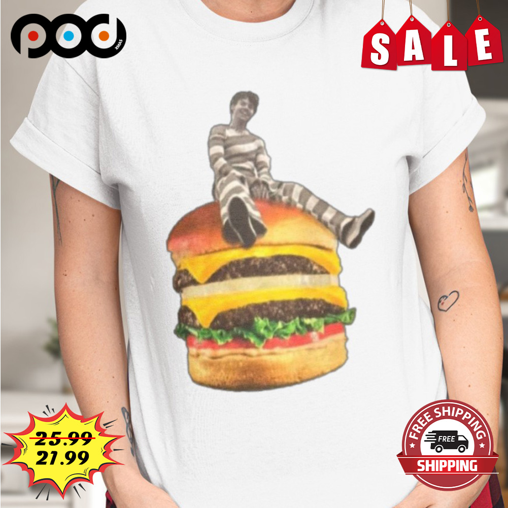 Man sitting on a hamburger shirt