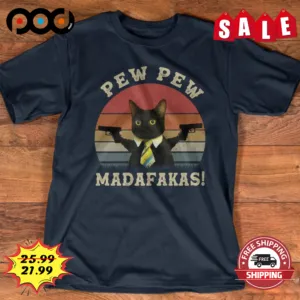 Black Cat Pew Pew Madafakas Vintage Retro Sunset Shirt