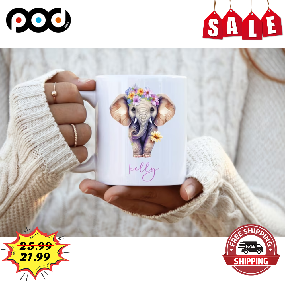 Custom Name Elephant Flower Nature Mother's Day Coffee Mug