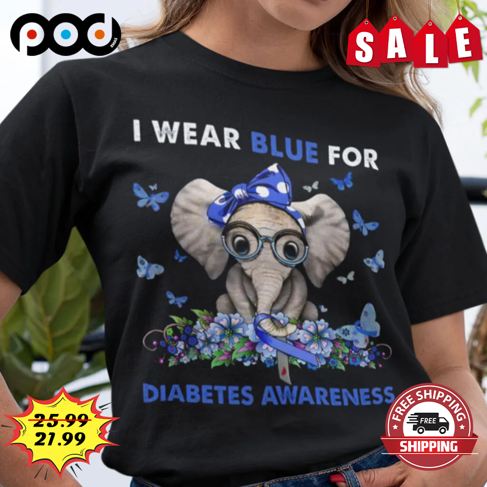 Elephant Butterfly I Wear Blue For Diabetes Awareness Nature Shirt