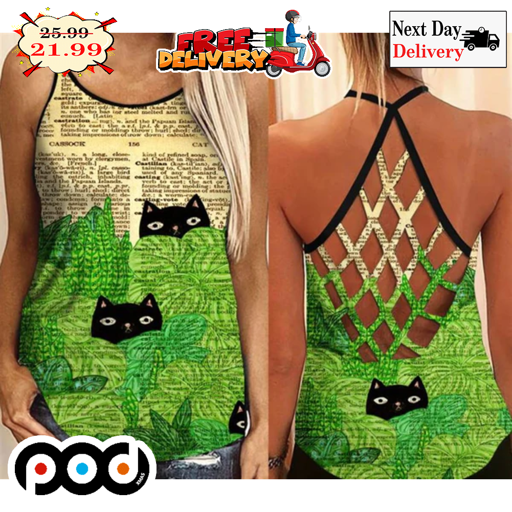 Black Cat Cute Leaf Word Women's Criss Cross Tank Top