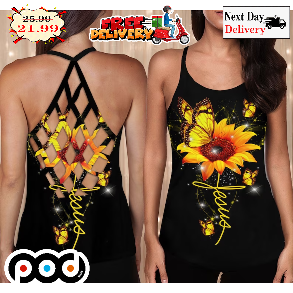 God Jesus Sunflower Butterfly Nature Vintage Women's Criss Cross Tank Top
