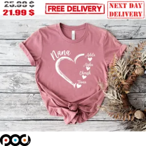 Custom Grandma Heart Nana Shirt With Grandkids Name