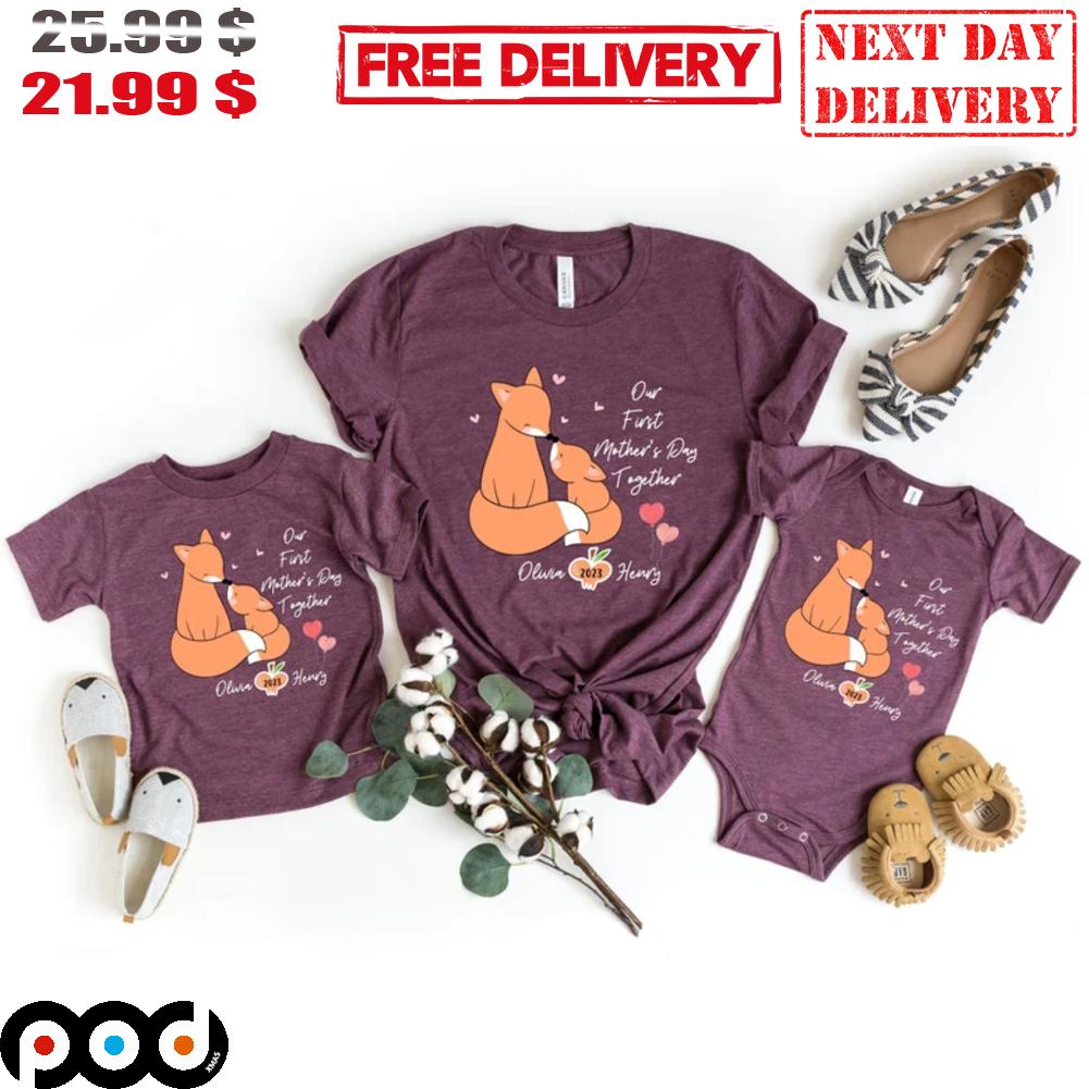 Our First Mothers Day Together Custom Name Fox Cute Vintage Mother Gift 2023 Shirt