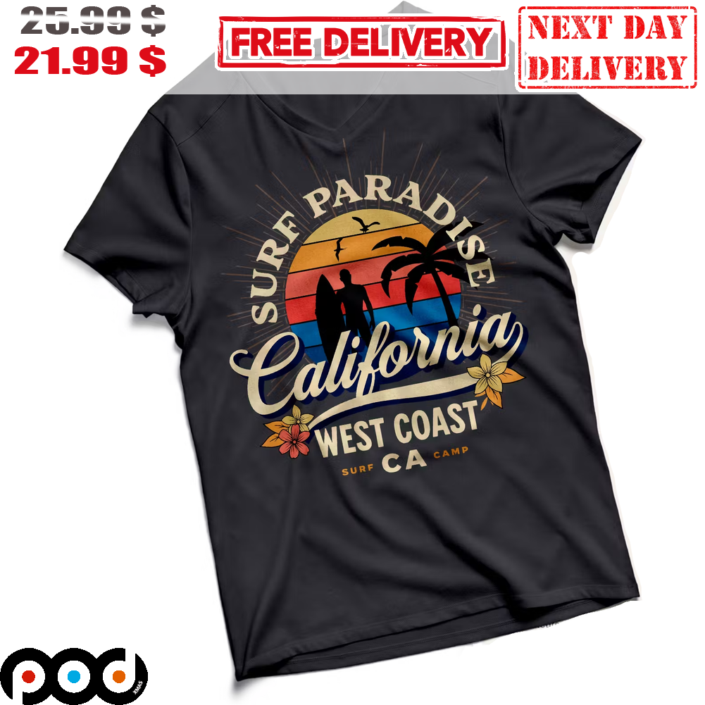 Surf Paradise California Wesr Coast Surf CA Camp Summer Sunset Vintage Shirt