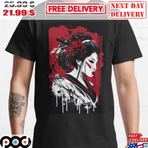 Japanese Geisha Art Graphic Colorful Painting Vintage Shirt