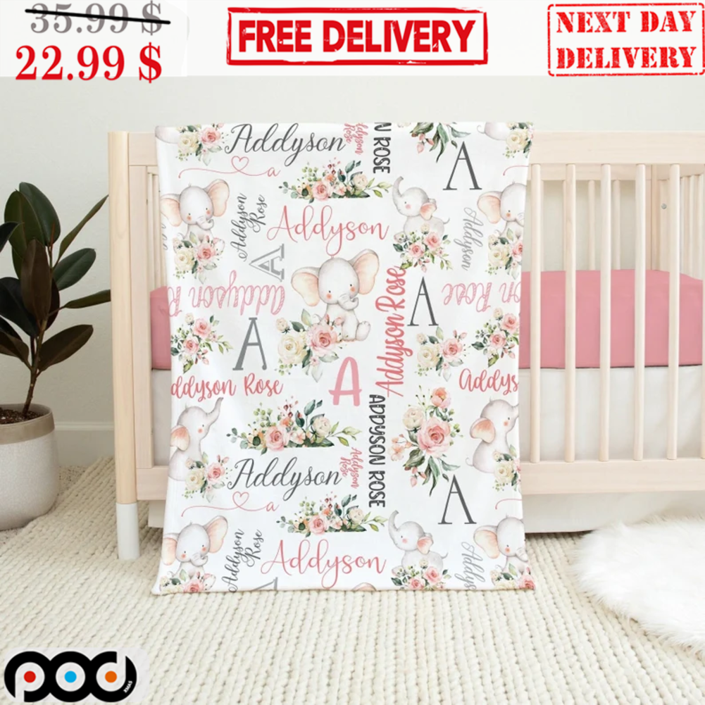 Personalized Baby Girl Pink Gray Floral Elephant Blanket