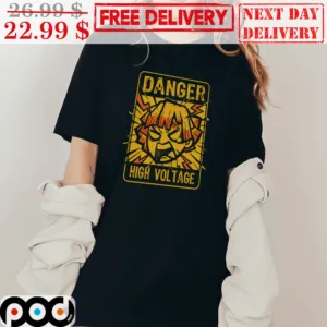Demon Slayer Zenitsu Danger High Voltage Shout Warning Funny Anime Boy Shirt