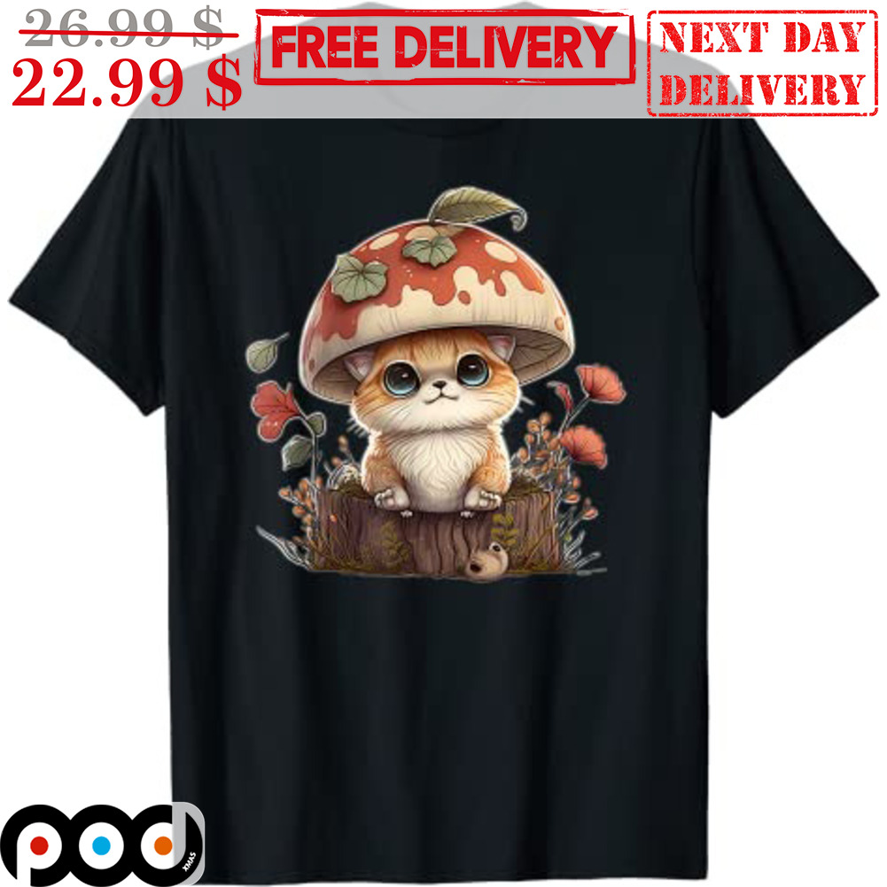 Cute Cat With Mushroom Hat Nature Cat Lover Shirt