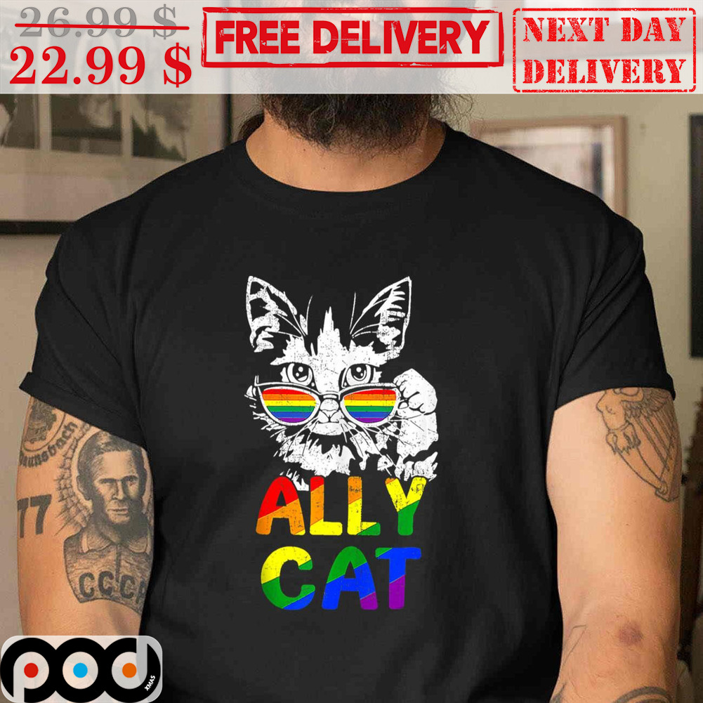 Ally Cat LGBTQ Rainbow Sunglasses Pride Month Vintage Shirt