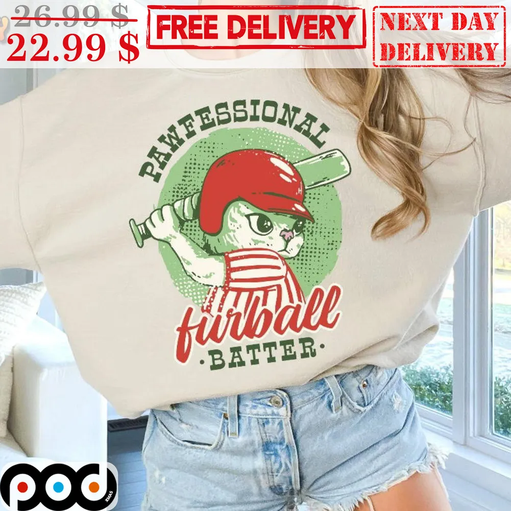 Pawfessional Furball Batter Cute Cat Baseball Player Vintage Shirt
