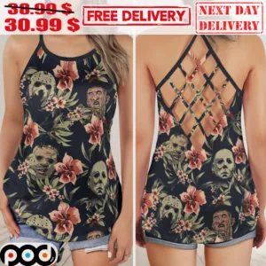 Horror Characters Flower Vintage Halloweeen 2023 Criss Cross Women's Tank Top
