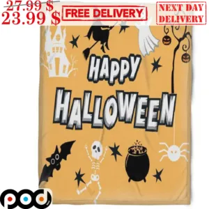 Witch Ghost Bat Skeleton Spider Happy Halloween 2023 Blanket