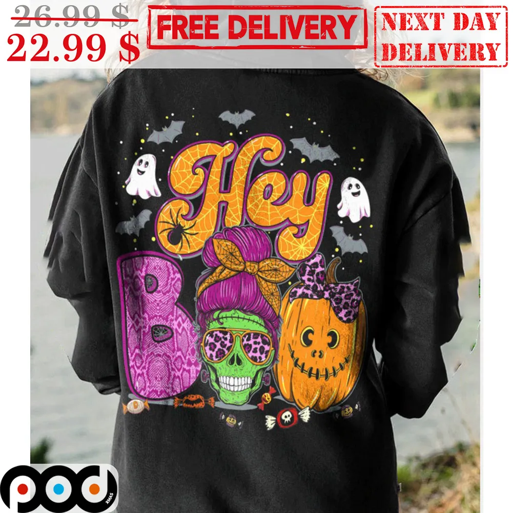 Hey Boo Messy Bun Hair Skull Halloween 2023 Shirt