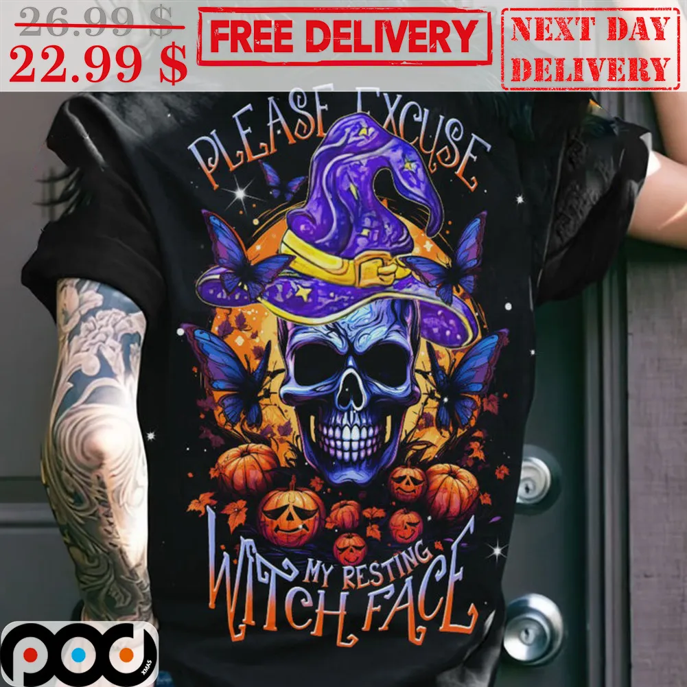 Please Excuse My Resting Witch Face Skull Halloween 2023 Shirt