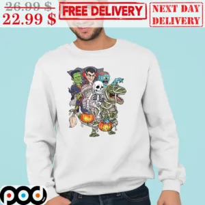Skeleton Zombie Witch Vampire Mummy Riding T-Rex Halloween 2023 Shirt