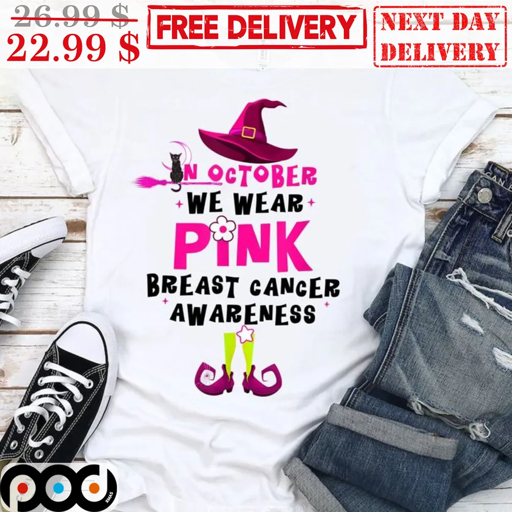 Cat Witch In October We Wear Pink Breast Cancer Awareness ELF Shirt