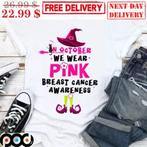 Cat Witch In October We Wear Pink Breast Cancer Awareness ELF Shirt