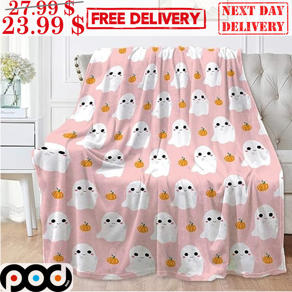 Cute Ghost Pumpkin Pink Halloween Blanket