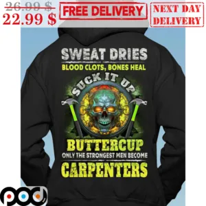 Skull Sweat Dries Blood Clots Bones Heal Suck It Up Buttercup Only The Strongest Men Become Carpenters Vintage Shirt