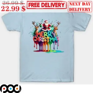 Santa Reindeer Multicolor Merry Christmas Shirt