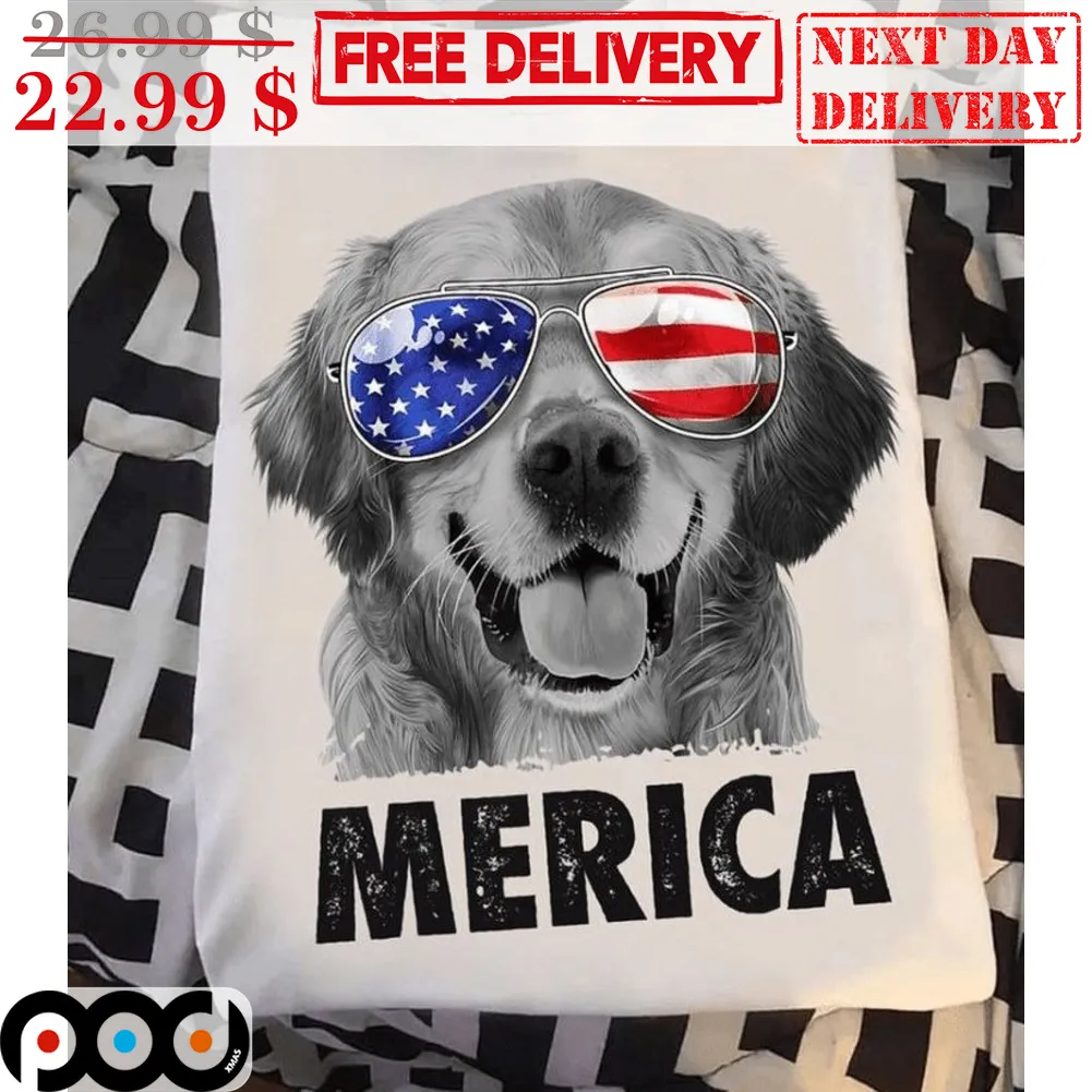 Golden Retriever Wear Glasses Merica Shirt