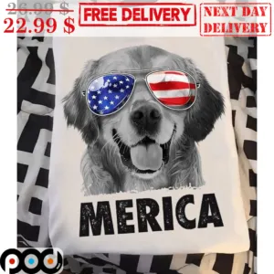Golden Retriever Wear Glasses Merica Shirt
