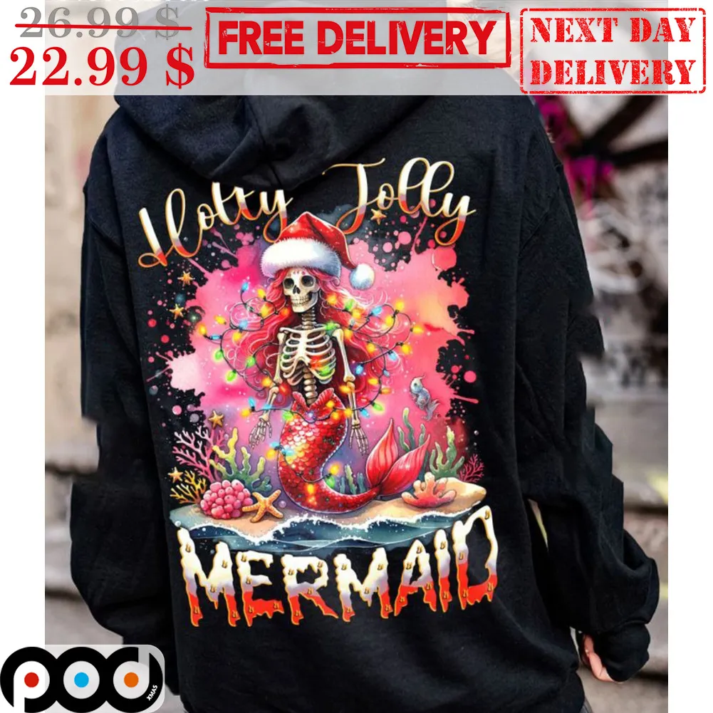 Skull Mermaid Holly Jolly Merry Christmas Shirt