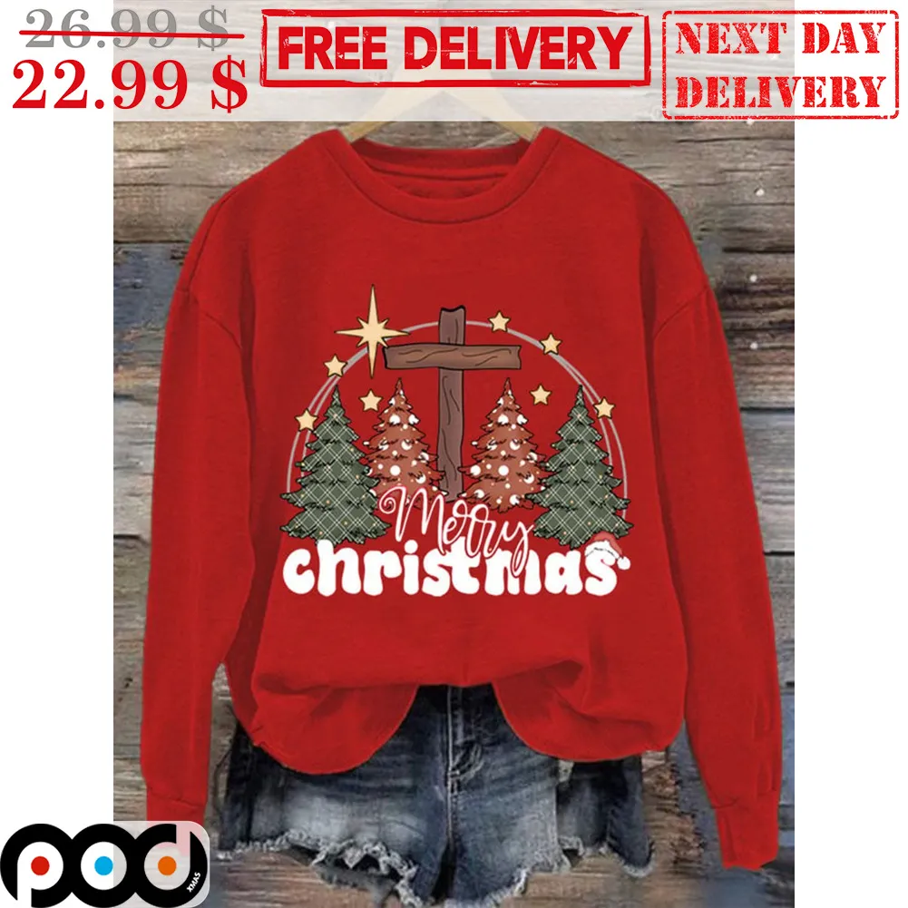 Merry Christmas Cross Pine Tree Stars Shirt