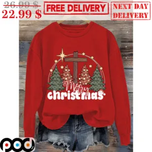 Merry Christmas Cross Pine Tree Stars Shirt