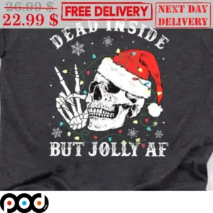 Skull Santa Hat Dead Inside But Jolly AF Christmas Light Shirt