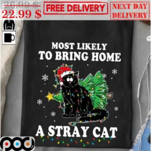 Black Cat Most Likely To Bring Home A Stray Cat Merry Christmas Shirt