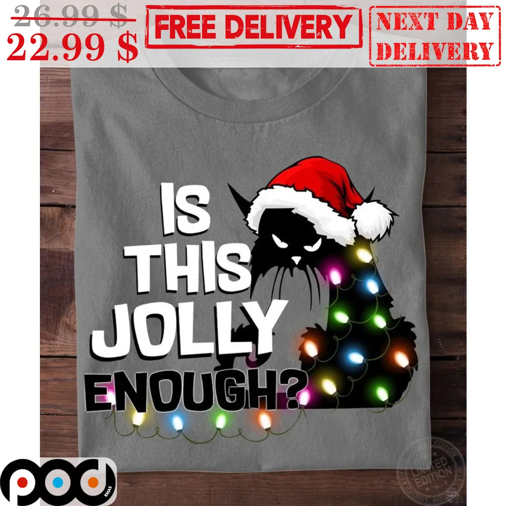 Black Cat Is This Jolly Enough Christmas Light Shirt