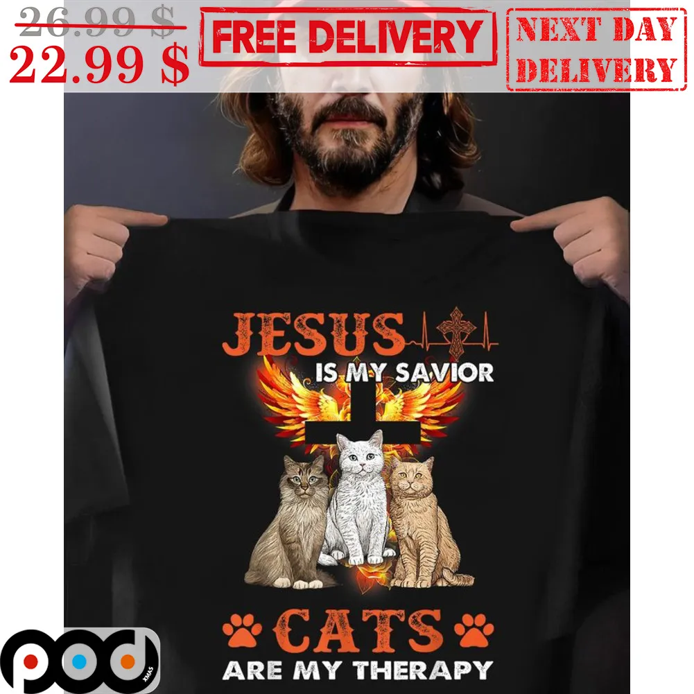 Jesus Is My Savior Cats Are My Therapy Vintage Shirt