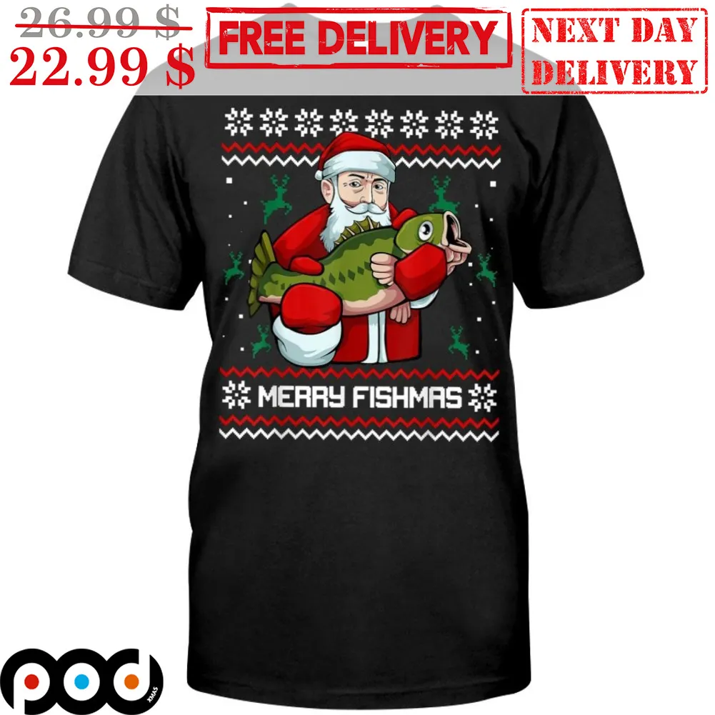 Santa Fishing Merry Fishmas Ugly Christmas Shirt