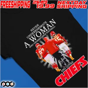 Travis Kelce Andy Reid And Patrick Mahomes Signatures Never Underestimate A Woman WHo Understands Football And Loves Kansas City Chiefs Super Bowl 2024 Shirt