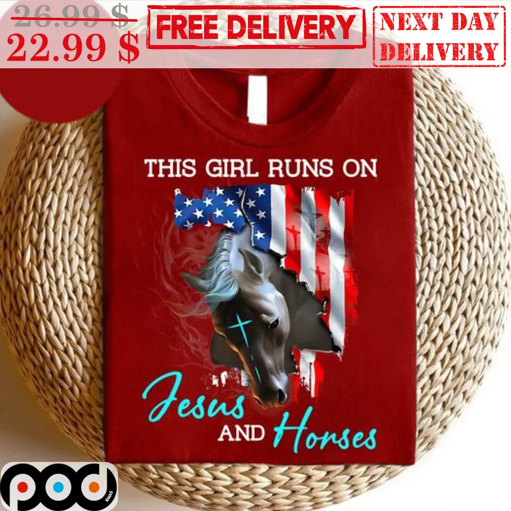 This Girl Runs On Jesus And Horses American Flag Vintage Shirt