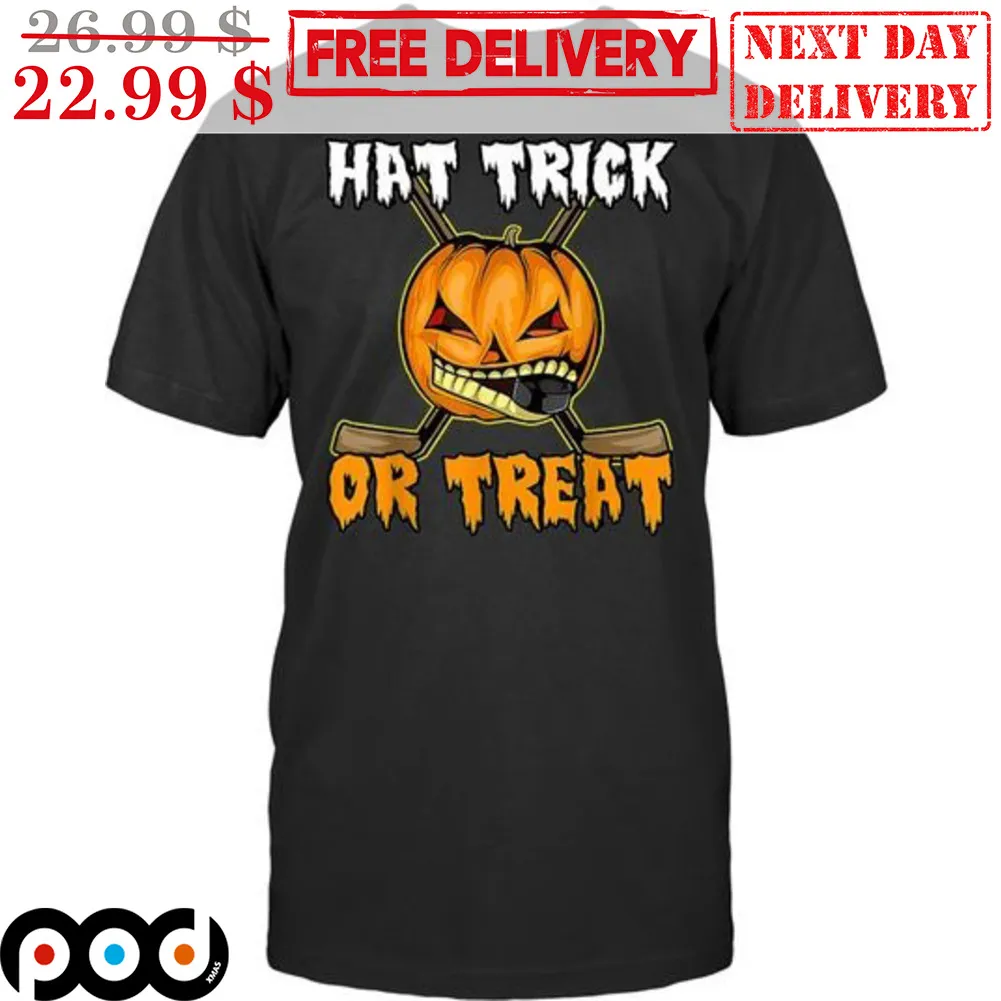 Pumpkin Hat Trick Or Treat Halloween Hockey Shirt