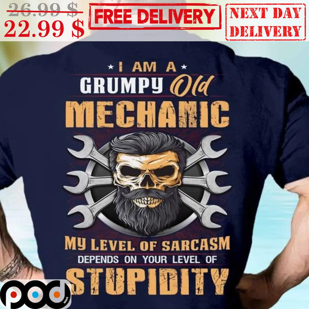 Skull Beard I Am A Grumpy Old Mechanic My Level Of Sarcasm Depends On Your Level Of Stupidity Vintage Shirt